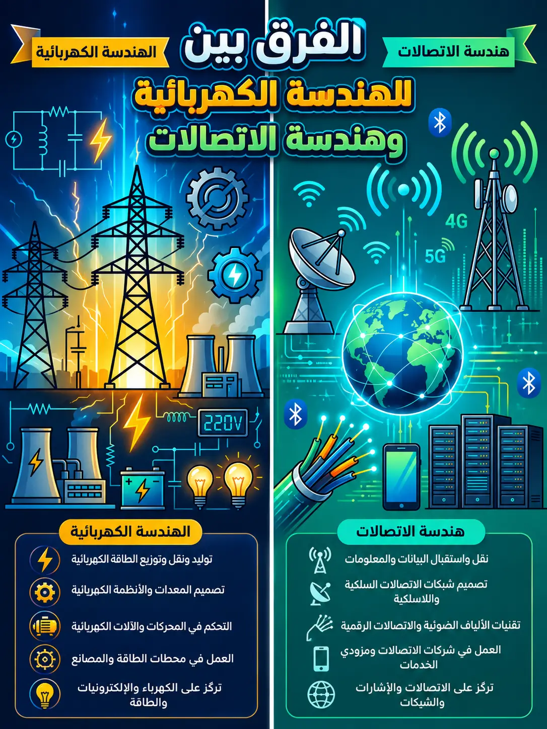 الفرق بين هندسة الكهرباء وهندسة الاتصالات وأهم الفروقات