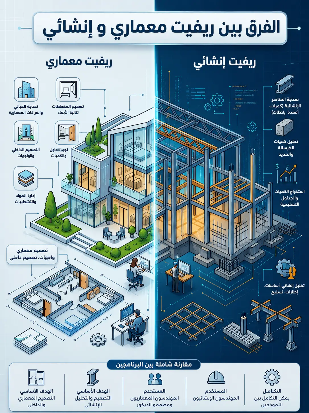 الفرق بين الريفيت المعماري والانشائي بالتفصيل